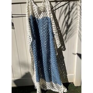 Handmade Crochet Blue White Color Block Open Knit Blanket